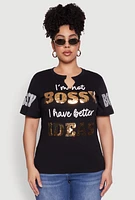 Womens Plus Size Sequin Bossy Ideas Graphic Tee, Black, Size 3X