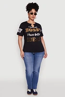 Womens Plus Size Sequin Bossy Ideas Graphic Tee, Black, Size 3X