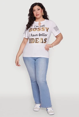 Womens Plus Size Sequin Bossy Ideas Graphic Tee, White, Size 2X