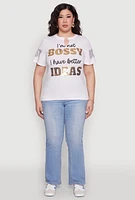 Womens Plus Size Sequin Bossy Ideas Graphic Tee, White, Size 2X