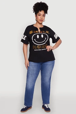 Womens Plus Size Sequin Smile More Graphic Tee, Black, Size 2X