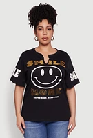 Womens Plus Size Sequin Smile More Graphic Tee, Black, Size 2X