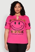 Womens Plus Size Sequin Smile More Graphic Tee, Pink, Size 1X