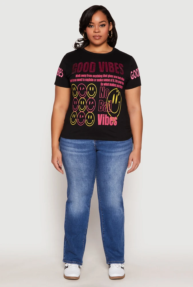 Womens Plus Size Good Vibes Sequin Graphic Tee, Black, Size 1X