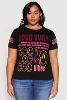 Womens Plus Size Good Vibes Sequin Graphic Tee, Black, Size 1X