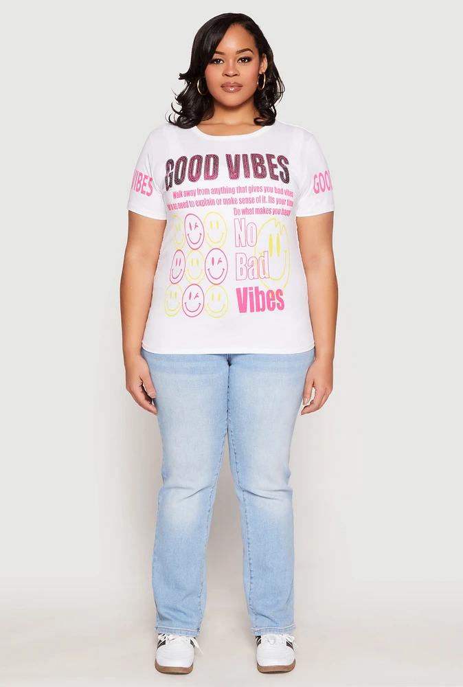 Womens Plus Size Good Vibes Sequin Graphic Tee, White, Size 3X