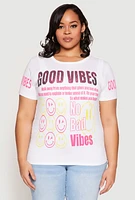 Womens Plus Size Good Vibes Sequin Graphic Tee, White, Size 1X