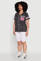 Womens Plus Size Walk By Faith 99 Pinstripe Baseball Jersey, Black, Size 2X
