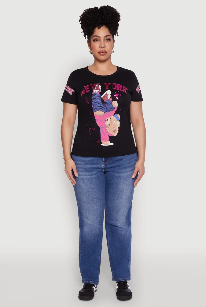 Womens Plus Size New York Sequin Bear Graphic Top, Black, Size 2X