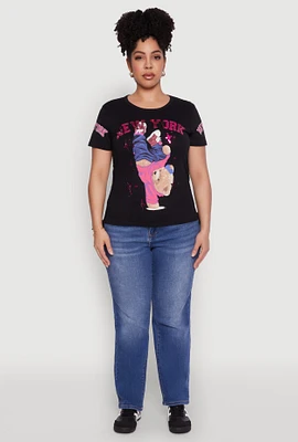 Womens Plus Size New York Sequin Bear Graphic Top, Black, Size 2X