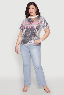 Womens Plus Size Contrast Trim Sequin Birthday Graphic Top, Grey, Size 3X