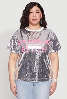 Womens Plus Size Contrast Trim Sequin Birthday Graphic Top, Grey, Size 3X