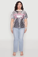 Womens Plus Size Contrast Trim Sequin Birthday Graphic Top, Grey, Size 3X