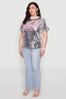 Womens Plus Size Contrast Trim Sequin Birthday Graphic Top, Grey, Size 3X