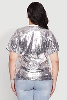 Womens Plus Size Contrast Trim Sequin Birthday Graphic Top, Grey, Size 1X
