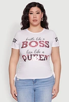 Womens Plus Size Hustle Like A Boss Live Like A Queen Top, White, Size 2X