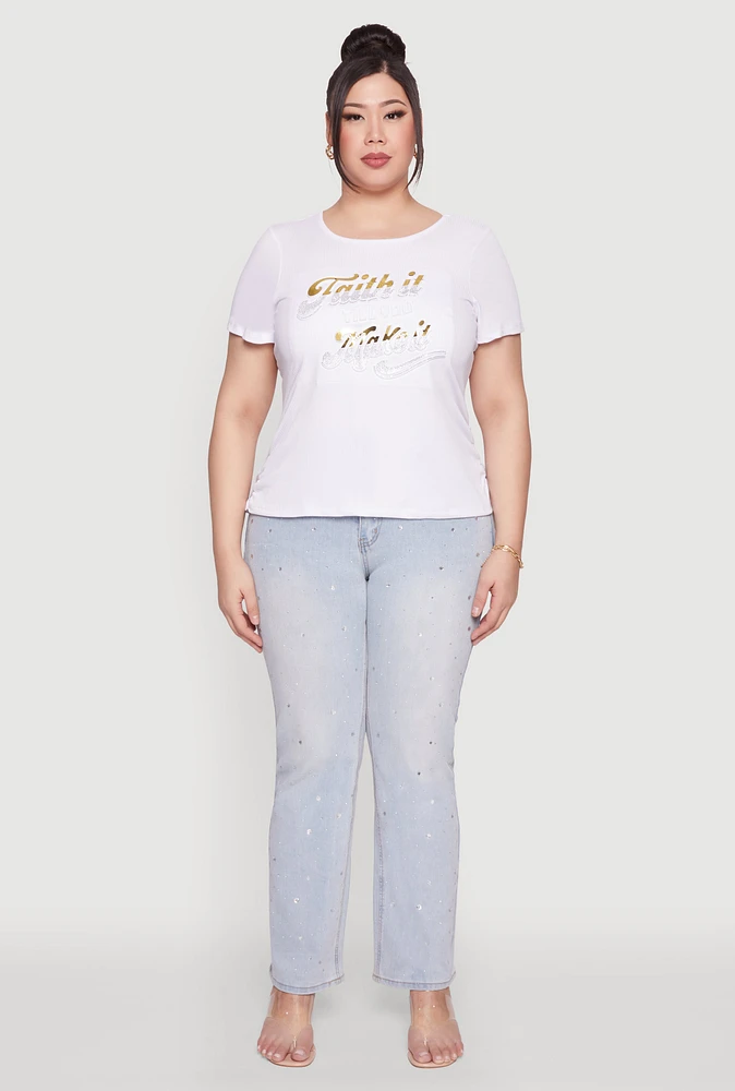 Womens Plus Faith It 3D Foil Graphic Tee, White,