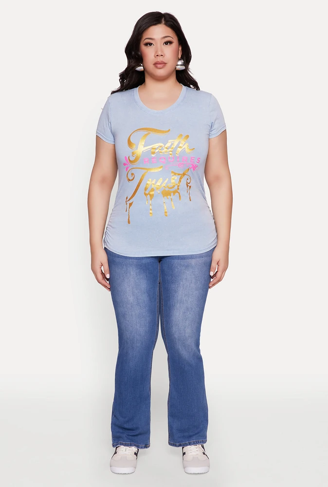 Womens Plus Size Mineral Wash Faith Graphic Tee, Blue, Size 1X