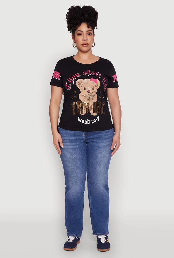 Womens Plus Size Thou Shall Not Try Me Bear Graphic Top, Black, Size 2X