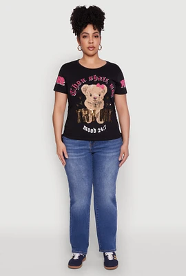 Womens Plus Size Thou Shall Not Try Me Bear Graphic Top, Black, Size 3X