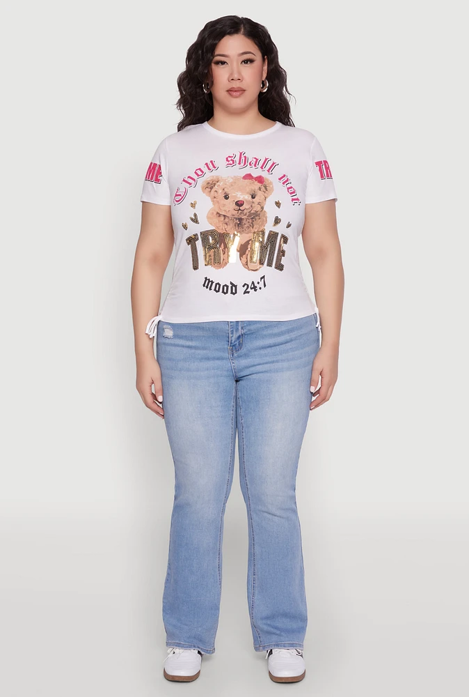Womens Plus Size Thou Shall Not Try Me Bear Graphic Top, White, Size 1X