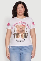 Womens Plus Size Thou Shall Not Try Me Bear Graphic Top, White, Size 1X