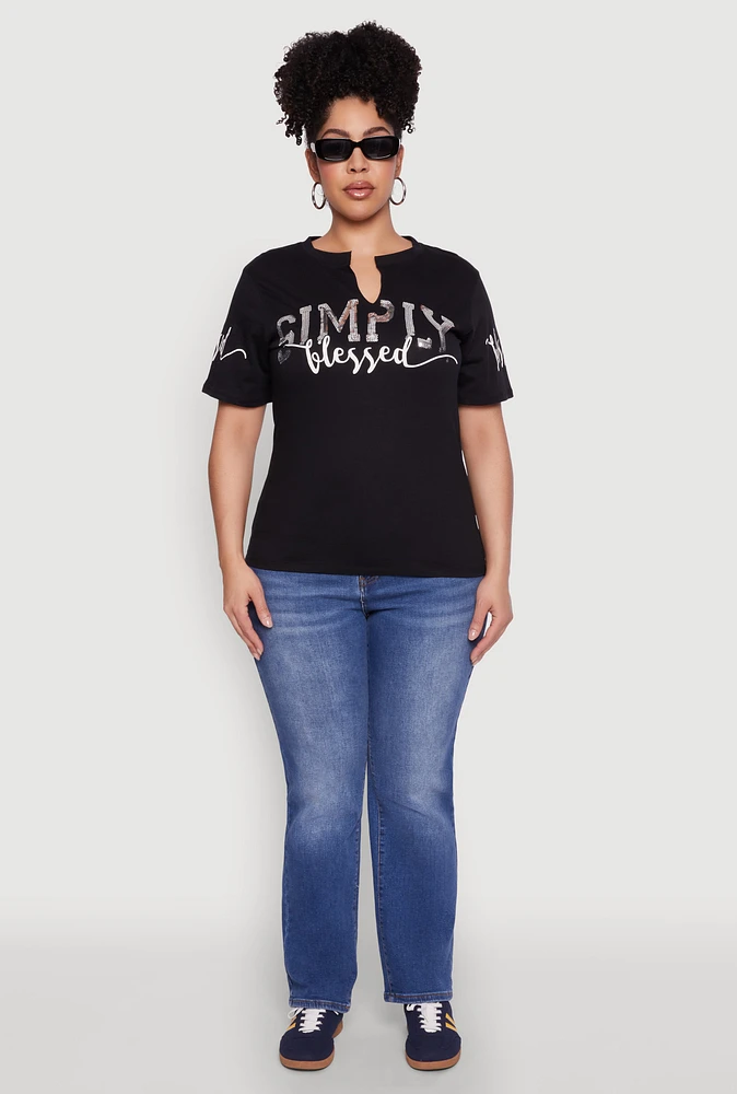 Womens Plus Size Sequin Simply Blessed Graphic Tee, Black, Size 1X