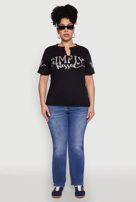 Womens Plus Size Sequin Simply Blessed Graphic Tee, Black, Size 1X