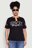 Womens Plus Size Sequin Simply Blessed Graphic Tee, Black, Size 1X