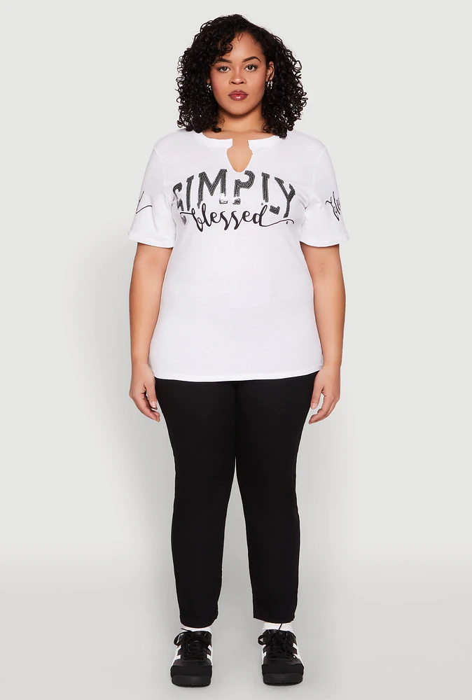 Womens Plus Size Sequin Simply Blessed Graphic Tee, White, Size 1X