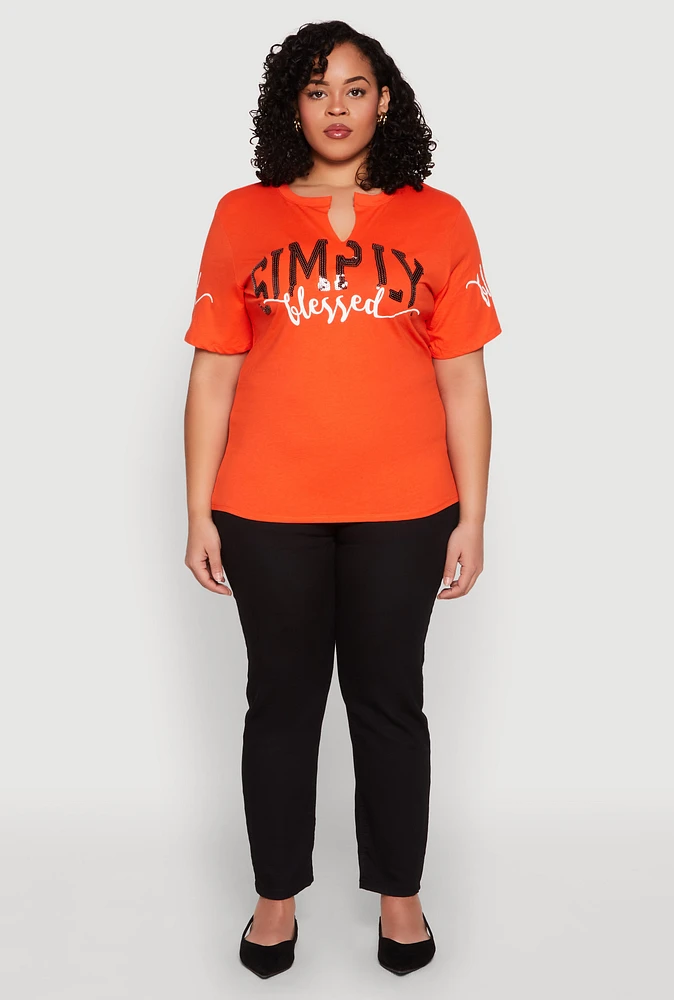 Womens Plus Size Sequin Simply Blessed Graphic Tee, Orange, Size 2X