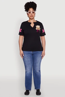 Womens Plus Size Sequin Greetings Bear Graphic Tee, Black, Size 2X