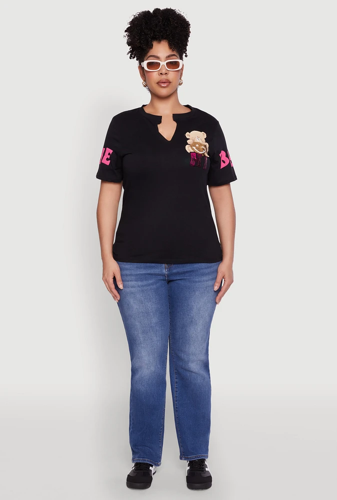 Womens Plus Size Sequin Greetings Bear Graphic Tee, Black, Size 3X