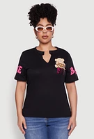 Womens Plus Size Sequin Greetings Bear Graphic Tee, Black, Size 3X