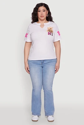 Womens Plus Size Sequin Greetings Bear Graphic Tee, White, Size 1X