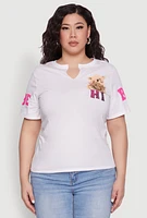 Womens Plus Size Sequin Greetings Bear Graphic Tee, White, Size 1X