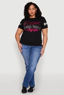 Womens Plus Size Sequin Blessed Everyday Graphic Tee, Black, Size 3X