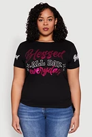 Womens Plus Size Sequin Blessed Everyday Graphic Tee, Black, Size 3X