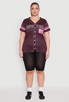 Womens Plus Striped New York Print Jersey Mesh Tee, 1X