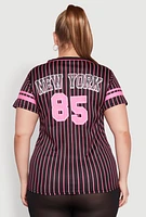 Womens Plus Striped New York Print Jersey Mesh Tee, 1X