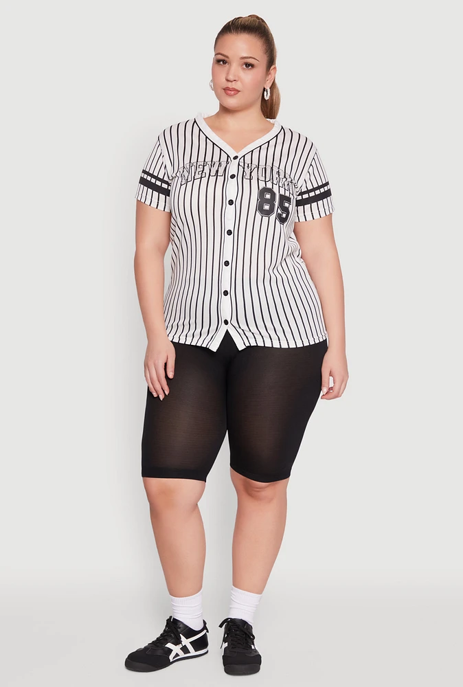 Womens Plus Striped New York Print Jersey Mesh Tee,