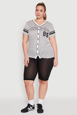 Womens Plus Striped New York Print Jersey Mesh Tee,