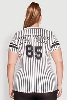 Womens Plus Striped New York Print Jersey Mesh Tee,