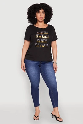 Womens Plus Size Kinda Sweet 3D Foil Graphic Tee, Black, Size 3X