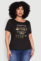 Womens Plus Size Kinda Sweet 3D Foil Graphic Tee, Black, Size 3X