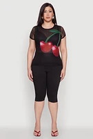 Womens Plus Size Rhinestone Cherry Print Mesh Top, Black, Size 2X