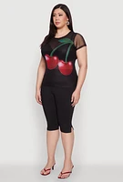 Womens Plus Size Rhinestone Cherry Print Mesh Top, Black, Size 2X