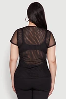 Womens Plus Size Rhinestone Cherry Print Mesh Top, Black, Size 2X