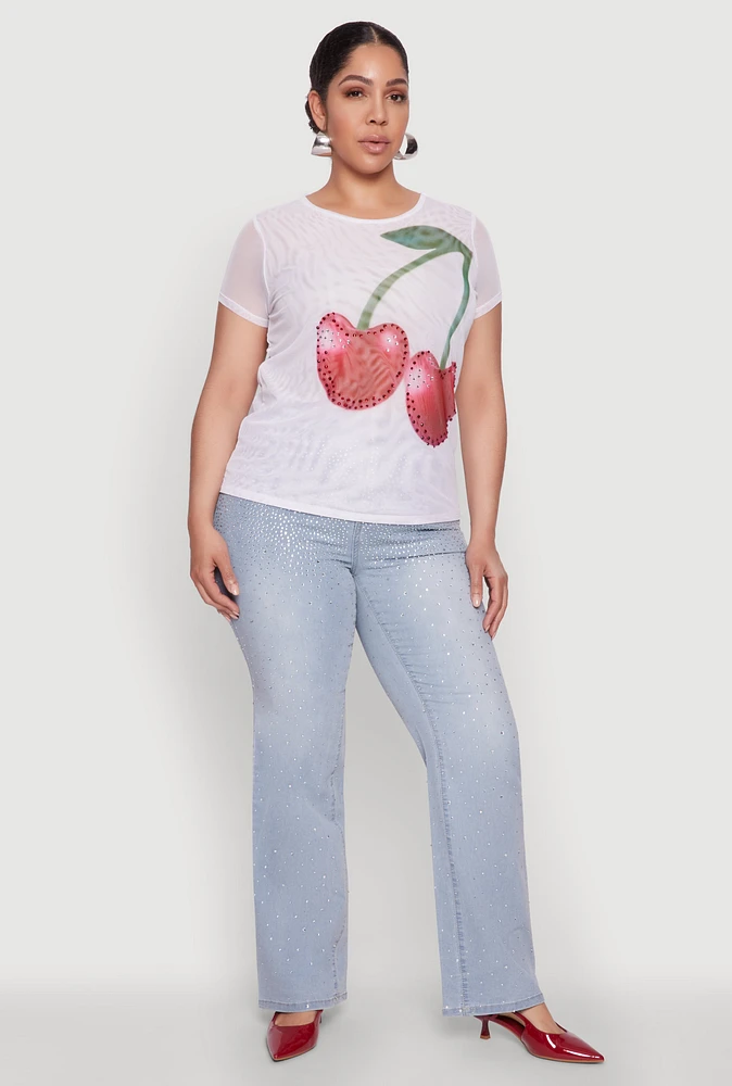 Womens Plus Size Rhinestone Cherry Print Mesh Top, White, Size 2X