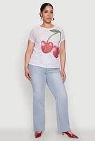 Womens Plus Size Rhinestone Cherry Print Mesh Top, White, Size 2X
